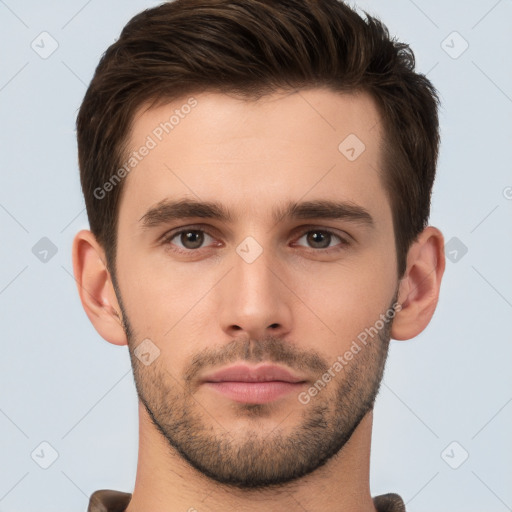 Neutral white young-adult male with short  brown hair and brown eyes