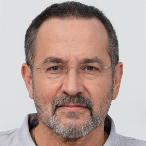 Neutral white middle-aged male with short  black hair and brown eyes