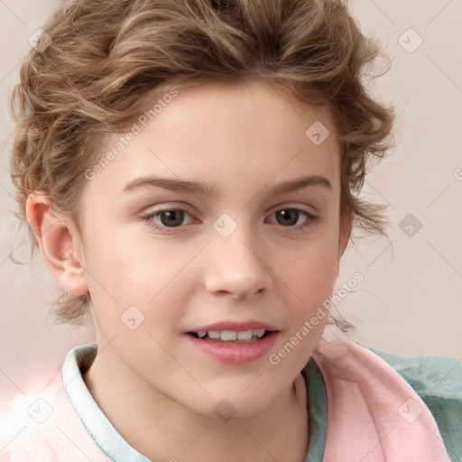 Joyful white child female with medium  brown hair and brown eyes