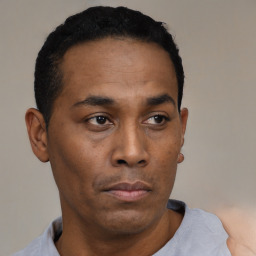 Neutral black adult male with short  black hair and brown eyes