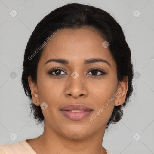 Joyful latino young-adult female with medium  brown hair and brown eyes