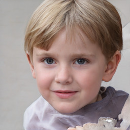 Joyful white child female with short  brown hair and blue eyes