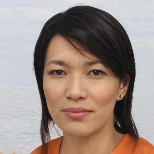 Neutral asian young-adult female with medium  brown hair and brown eyes