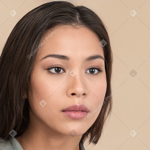 Neutral white young-adult female with medium  brown hair and brown eyes