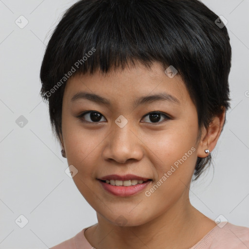 Joyful asian young-adult female with short  black hair and brown eyes