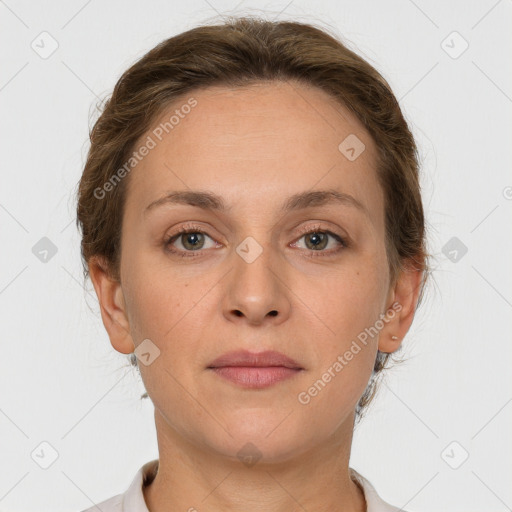 Neutral white young-adult female with short  brown hair and grey eyes