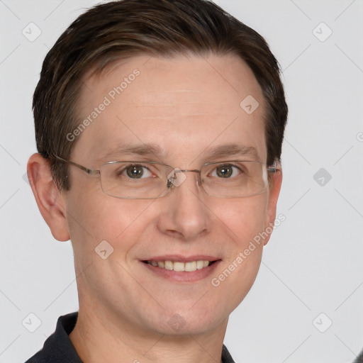 Joyful white adult male with short  brown hair and grey eyes