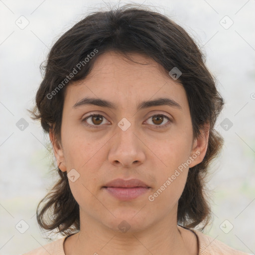 Neutral asian young-adult female with medium  brown hair and brown eyes