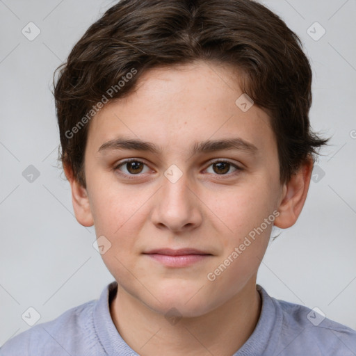 Joyful white child female with short  brown hair and brown eyes