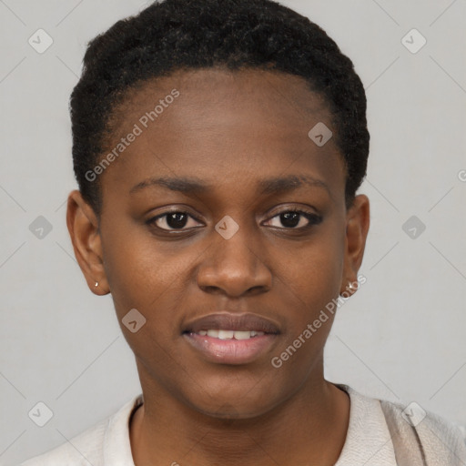 Joyful black young-adult female with short  black hair and brown eyes