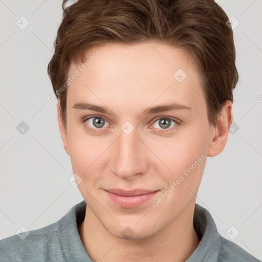 Joyful white young-adult female with short  brown hair and grey eyes