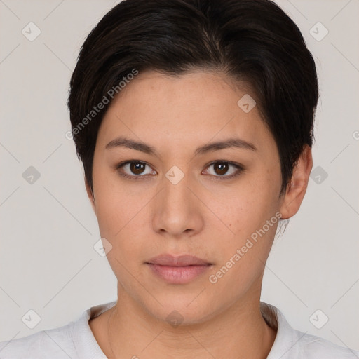 Neutral white young-adult female with short  brown hair and brown eyes