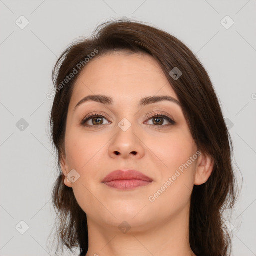 Neutral white young-adult female with medium  brown hair and brown eyes