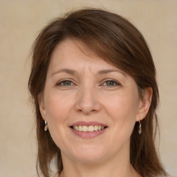 Joyful white adult female with medium  brown hair and grey eyes