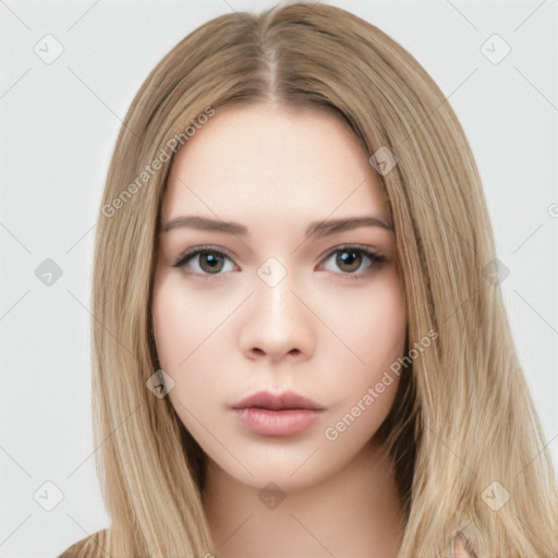 Neutral white young-adult female with long  brown hair and brown eyes