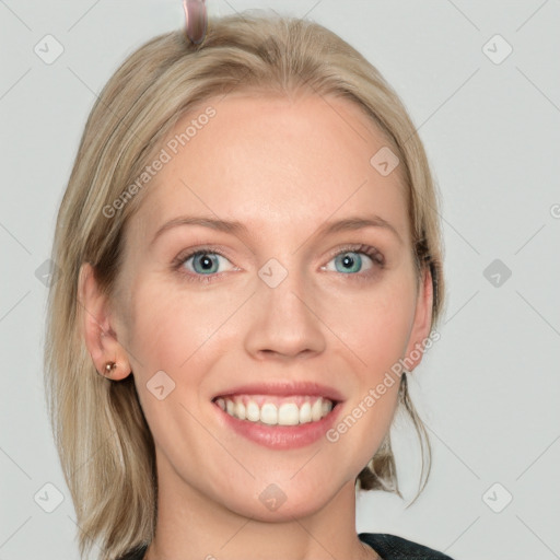 Joyful white young-adult female with medium  brown hair and blue eyes