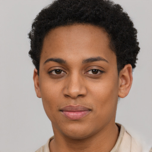 Joyful latino young-adult female with short  black hair and brown eyes