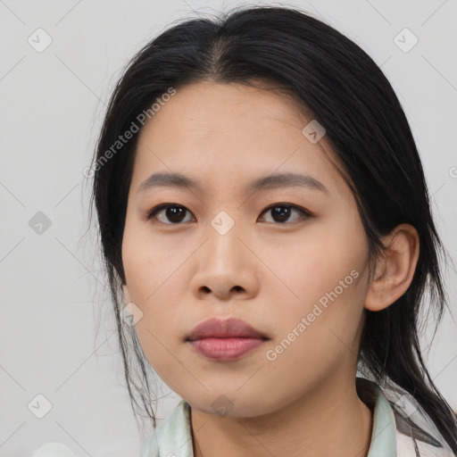 Neutral asian young-adult female with medium  black hair and brown eyes