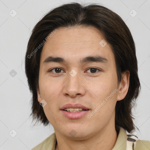 Joyful white young-adult male with medium  brown hair and brown eyes