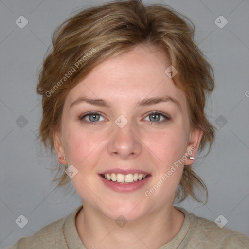 Joyful white young-adult female with medium  brown hair and blue eyes