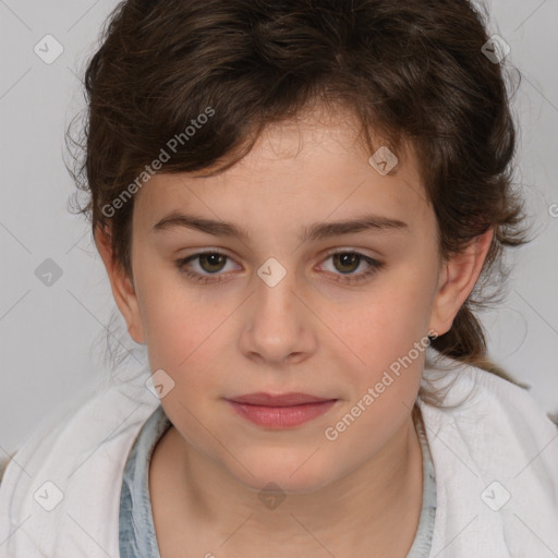 Joyful white child female with medium  brown hair and brown eyes