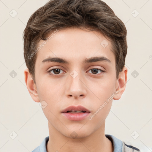 Neutral white young-adult male with short  brown hair and brown eyes