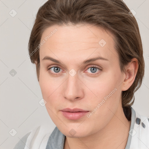 Neutral white young-adult female with medium  brown hair and grey eyes