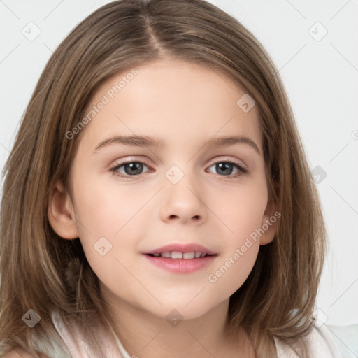 Joyful white child female with medium  brown hair and brown eyes