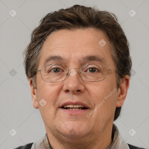 Joyful white middle-aged male with short  brown hair and brown eyes