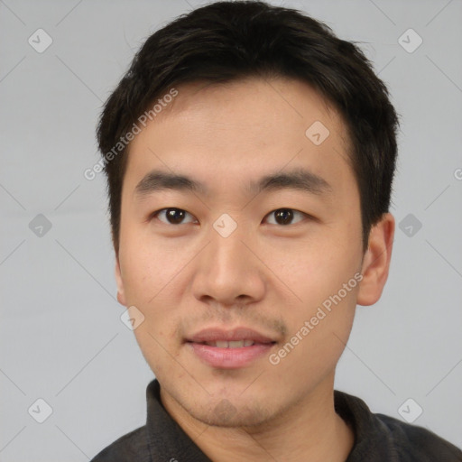 Neutral asian young-adult male with short  brown hair and brown eyes