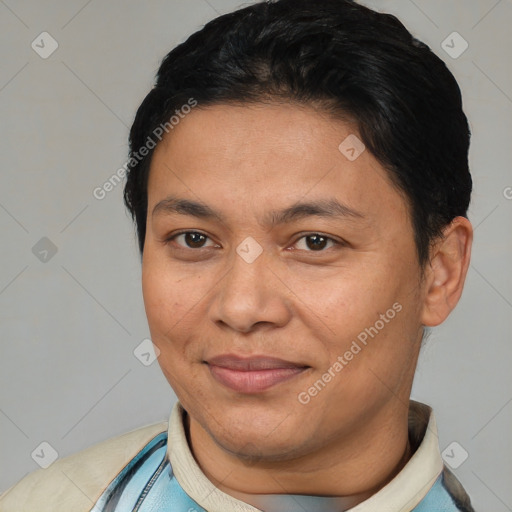Joyful white adult male with short  brown hair and brown eyes