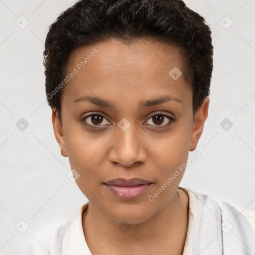 Joyful latino young-adult female with short  brown hair and brown eyes