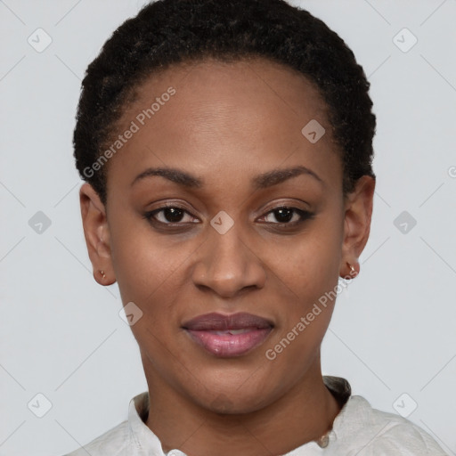 Joyful latino young-adult female with short  black hair and brown eyes