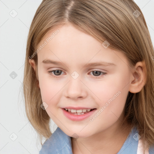 Joyful white child female with medium  brown hair and grey eyes