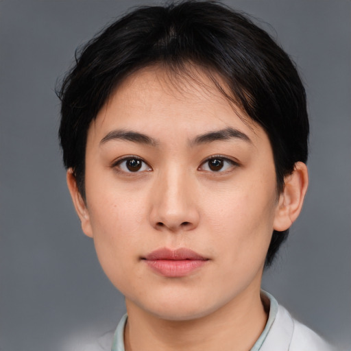 Neutral white young-adult female with short  black hair and brown eyes
