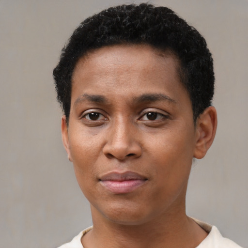 Neutral black young-adult female with short  black hair and brown eyes