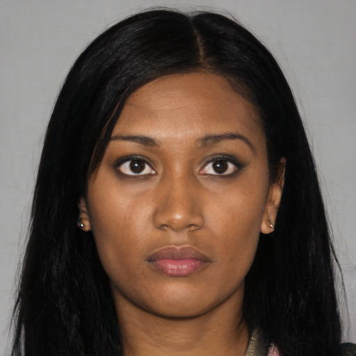 Neutral asian young-adult female with long  black hair and brown eyes