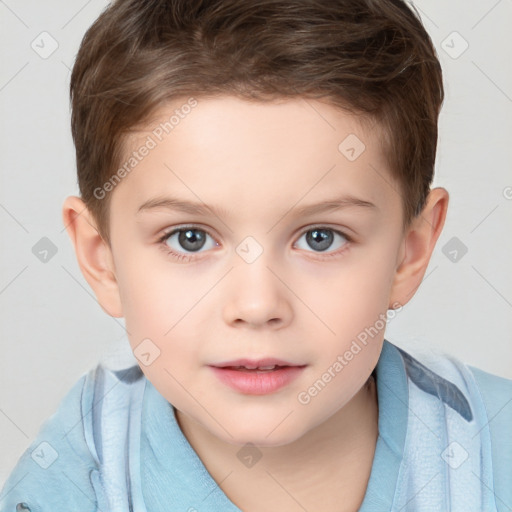 Joyful white child female with short  brown hair and brown eyes