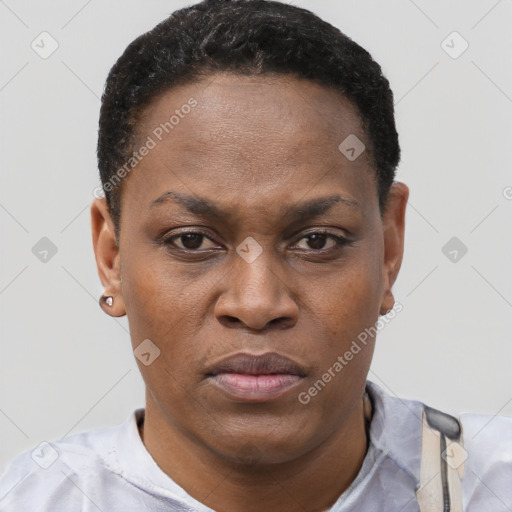 Joyful black young-adult female with short  brown hair and brown eyes