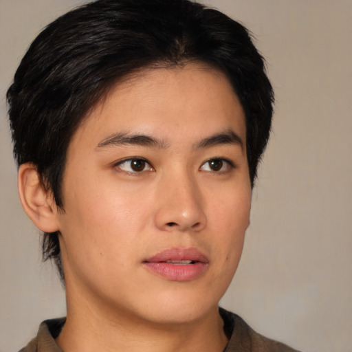 Neutral asian young-adult male with short  brown hair and brown eyes