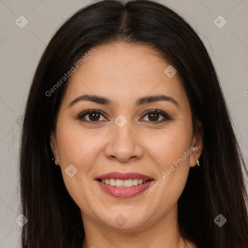 Joyful white young-adult female with long  brown hair and brown eyes