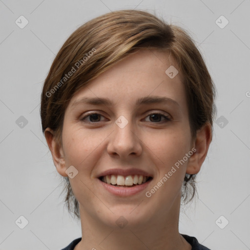 Joyful white young-adult female with medium  brown hair and grey eyes