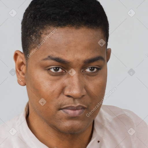 Neutral latino young-adult male with short  brown hair and brown eyes