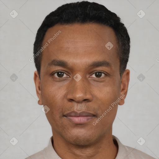 Neutral black young-adult male with short  black hair and brown eyes