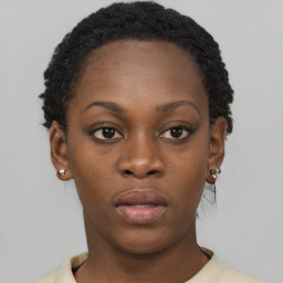 Neutral black young-adult female with short  brown hair and brown eyes