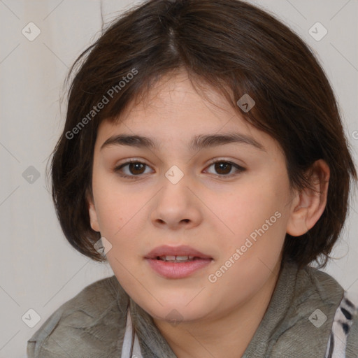 Joyful white child female with medium  brown hair and brown eyes