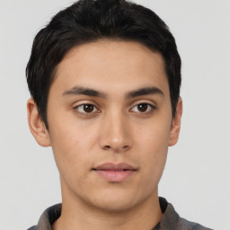 Neutral asian young-adult male with short  black hair and brown eyes