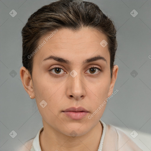 Neutral white young-adult female with short  brown hair and brown eyes