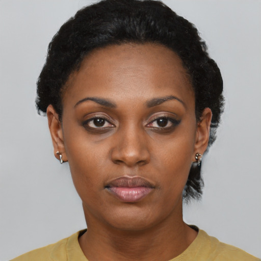 Neutral black young-adult female with short  black hair and brown eyes
