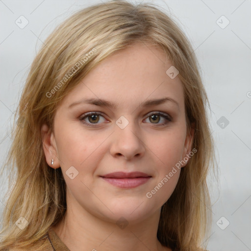 Joyful white young-adult female with long  brown hair and grey eyes